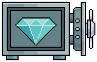 Pixel art vault with diamond, open vault safe box vector icon for 8bit game on white background