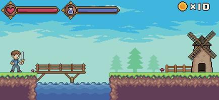 Pixel art game scene with character, life bar and mana, tree, cloud vector background for 8bit game