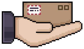 Pixel art hand holding cardboard box. Hand with package and parcel vector icon for 8bit game on white background