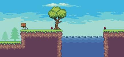 escena de juego de arcade de pixel art con árboles, lago, nubes de fondo de 8 bits vector