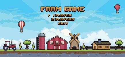 Pixel art Farm game menu. 8bit game home screen landscape with tractor, house, barn, mill, silo, tree, fence background vector