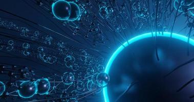 abstract background using bright blue molecular pattern with dark blue fibers and large molecules on the bottom right, 3d rendering and 4K size photo