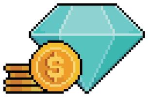 Pixel art diamond and coins. gemstone and money vector icon for 8bit game on white background