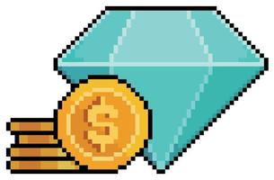 Pixel art diamond and coins. gemstone and money vector icon for 8bit game on white background