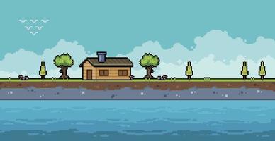 Pixel art sea coast landscape background with house, trees and cloudy sky scene for 8bit game vector