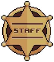 Pixel art staff emblem. Staff badge vector icon for 8bit game on white background