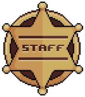 Pixel art staff emblem. Staff badge vector icon for 8bit game on white background