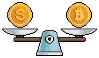 Pixel art scale with dollar and bitcoin, scale balance with money and cryptocurrency vector icon for 8bit game on white background