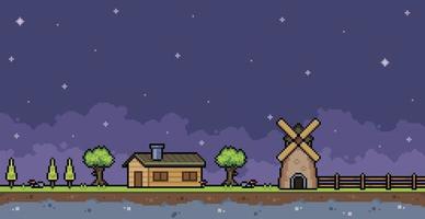 granja de pixel art en la noche con casa, valla, molino y árbol fondo de juego de 8 bits vector