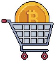 Pixel art shopping cart with bitcoin vector icon for 8bit game on white background