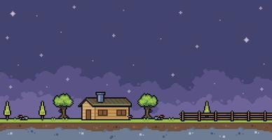 paisaje de granja de pixel art en la noche con fondo de juego de 8 bits de casa, valla y árbol vector