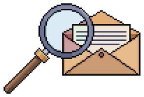 Pixel art letter and magnifying glass. document analysis vector icon for 8bit game on white background