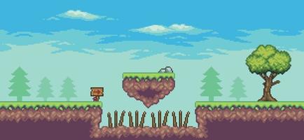 Pixel art arcade game scene with tree, floating island, trap, board and clouds 8 bit vector background