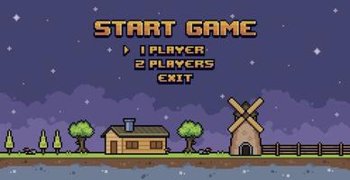 Pixel art Farm game menu. 8bit game home screen with night landscape background vector