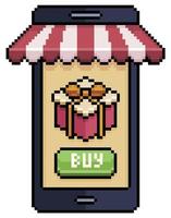 tienda de regalos de pixel art en el móvil. teléfono celular con icono de vector de toldo de tienda para juego de 8 bits sobre fondo blanco