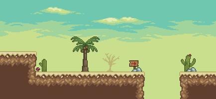 Pixel art desert game scene with palm tree, cactuses, 8bit background vector