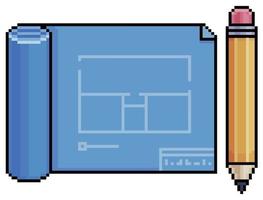 Pixel art paper with architectural design and pencil vector icon for 8bit game on white background