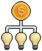 Pixel art coin connected in light bulbs. Financial investment idea vector icon for 8bit game on white background
