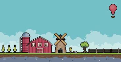 paisaje de granja de arte de píxeles con granero, molino, valla, árboles. fondo de juego de 8 bits vector