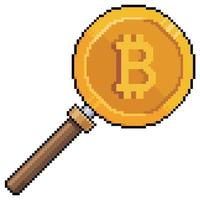 Pixel art bitcoin magnifying glass vector icon for 8bit game on white background