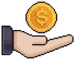 Pixel art hand holding coin. money in hand vector icon for 8bit game on white background