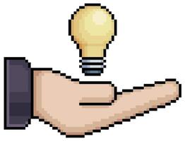 pixel art mano sujetando la bombilla. icono de vector de concepto de idea para juego de 8 bits sobre fondo blanco