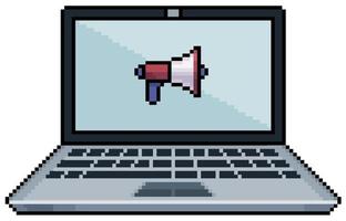 Pixel art laptop with megaphone icon on screen vector icon for 8bit game on white background