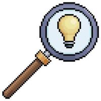 Pixel art magnifying glass and light bulb. analysis of ideas vector icon for 8bit game on white background