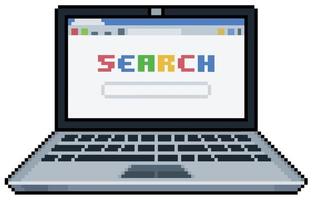 Pixel art laptop with browser open on search page vector icon for 8bit game on white background