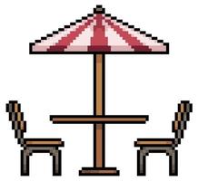 Pixel art table with umbrella, beach table, wooden table and chairs vector icon for 8bit game on white background