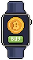 Pixel art smartwatch with bitcoin icon. buy bitcoin vector icon for 8bit game on white background