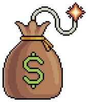 bolsa de dinero de pixel art con icono de vector de mecha de bomba para juego de 8 bits sobre fondo blanco