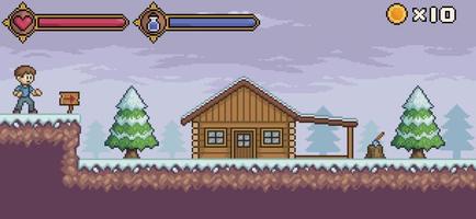 Pixel art game scene with character, life bar and mana vector background for 8bit game