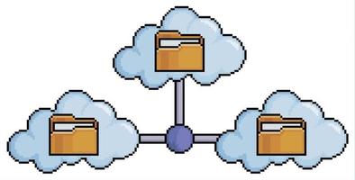 red de nube de pixel art, icono de vector de archivos de nube para juego de 8 bits sobre fondo blanco