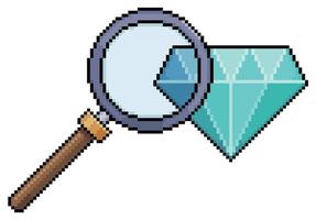 Pixel art diamond and magnifying glass vector icon for 8bit game on white background