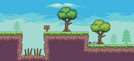 Pixel art arcade game scene with tree, floating island, trap, board and clouds 8 bit vector background