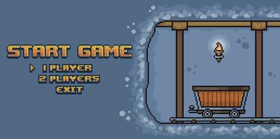 Pixel art mining game home screen. Underground mine with ore cart. 8bit gaming background vector