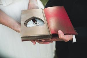 Charming vintage book with handmade heart in which lie the ring. photo
