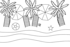 Summer beach coloring page top view. Vector hand drawn sunny beach top view with palms umbrellas and chaise lounges. Coloring book for children and adults.