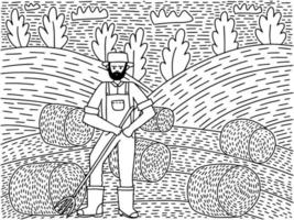 Farmer with pitchfork on haymaking fiels coloring page. Bearded farmer harvesting coloring page for children and adults vector