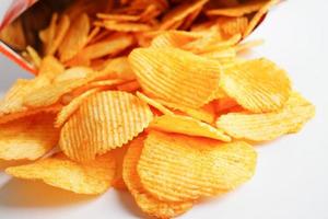 Potato chips in open bag, delicious BBQ seasoning spicy for crips, thin slice deep fried snack fast food. photo