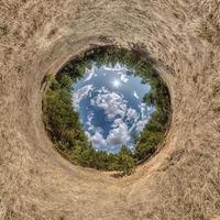 blue sphere little planet inside yellow grass round frame background. photo