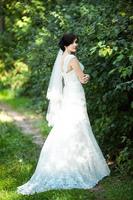 Beautiful bride in a gorgeous dress posing in a pine forest photo