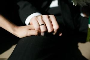 Wedding ring on hand with a sun shine. photo