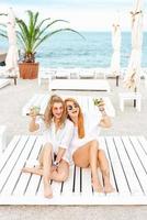 two beautiful girls drinking and have fun photo