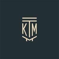 KM initial monogram with simple line art pillar logo designs vector