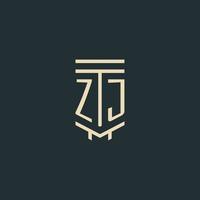 ZJ initial monogram with simple line art pillar logo designs vector