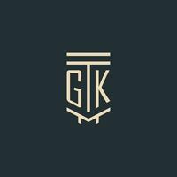 monograma inicial gk con diseños de logotipo de pilar de arte de línea simple vector
