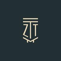 monograma inicial zt con diseños de logotipo de pilar de arte de línea simple vector