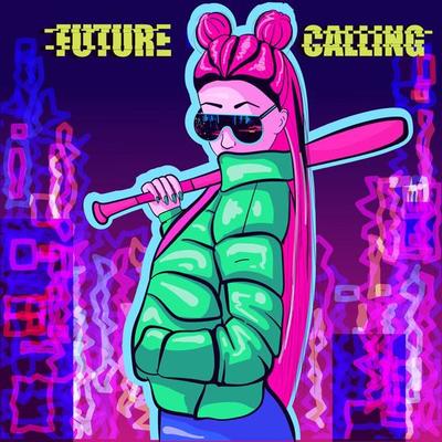 Artificial intelligence conceptual art of a woman with pink hair and green jacket holding a baseball bat. Bokeh lights and city buildings background.
